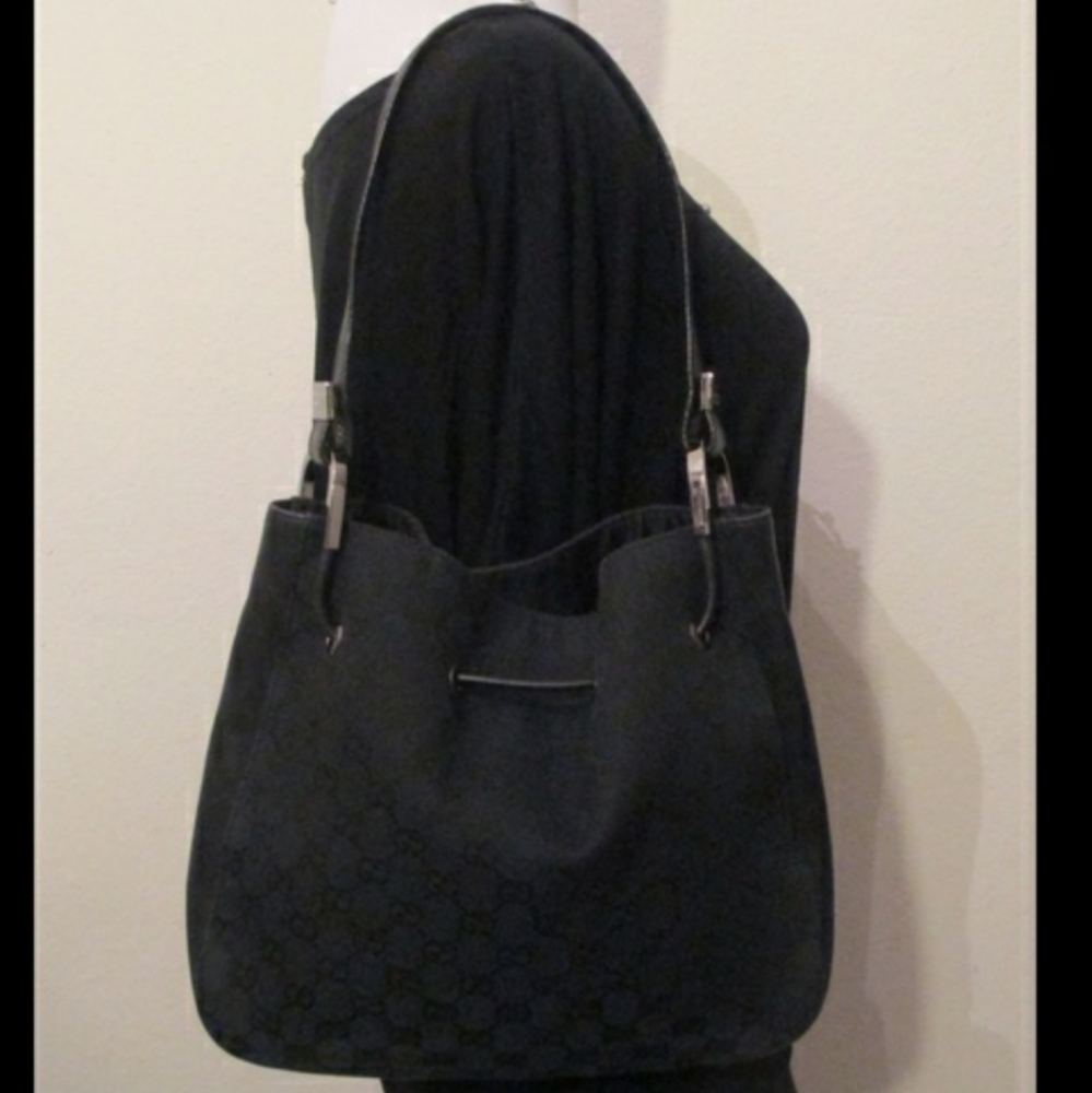 GUCCI Italy GG Monogram BLACK Drawstring Bag Purse